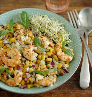 Salade tiède de maïs et crevettes