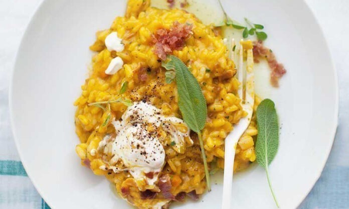 Risotto au safran avec pancetta et burrata Risotto au safran avec pancetta et burrata
