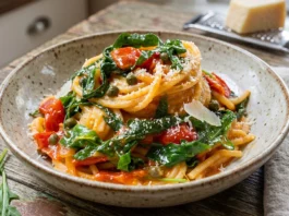 Spaghetti à la roquette, aux tomates cerises, aux câpres et au pecorino Spaghetti à la roquette, aux tomates cerises, aux câpres et au pecorino